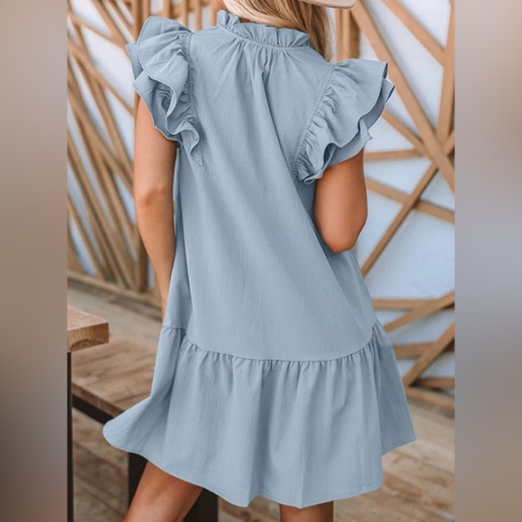 NWT Dokotoo Baby Blue Babydoll Ruffle Sleeve Drawstring V-neck Swing Dress Small - Picture 3 of 13